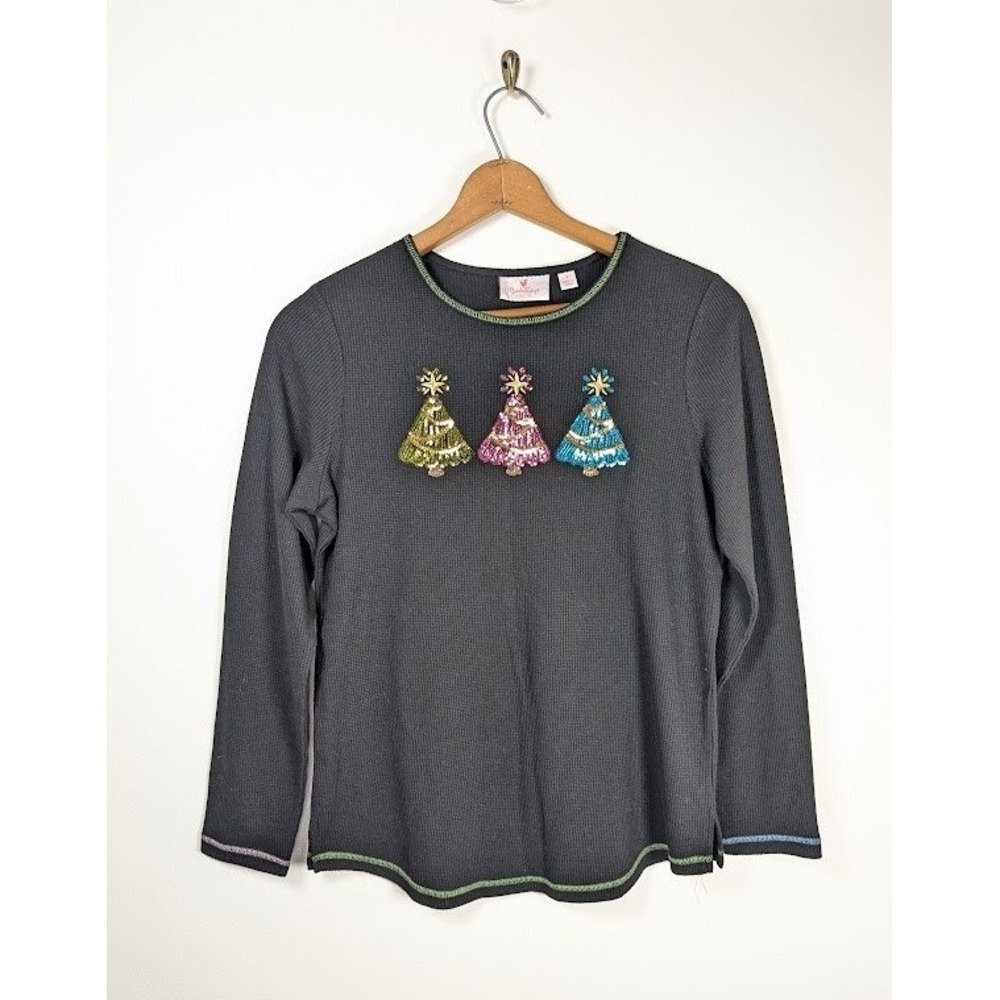 Quacker Factory Waffle Knit Top Size Small Sequin Christmas Tree Holiday Festive